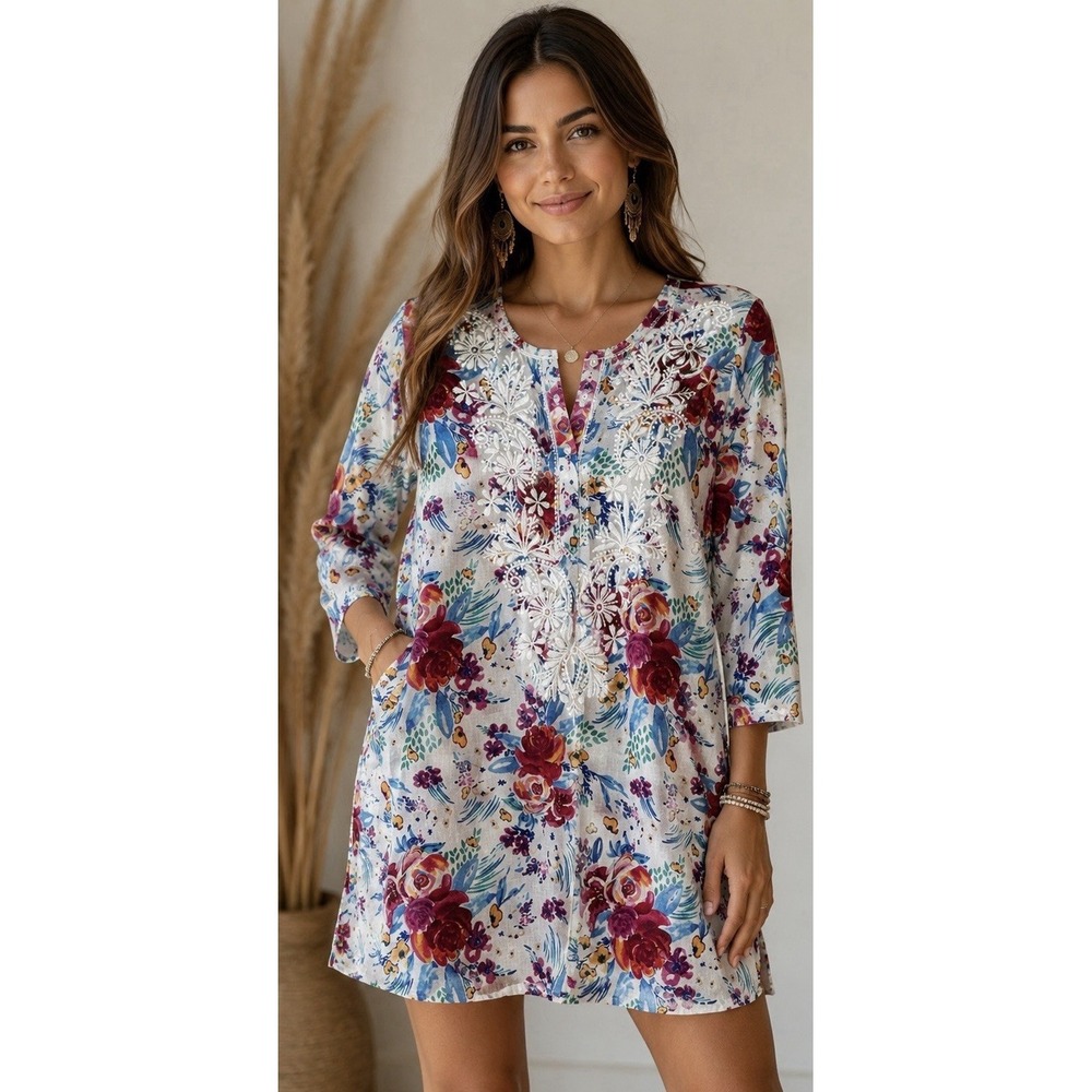 Vintage GOA Women's Floral Embroidered Cotton Tunic Dress Cover Up Boho Small